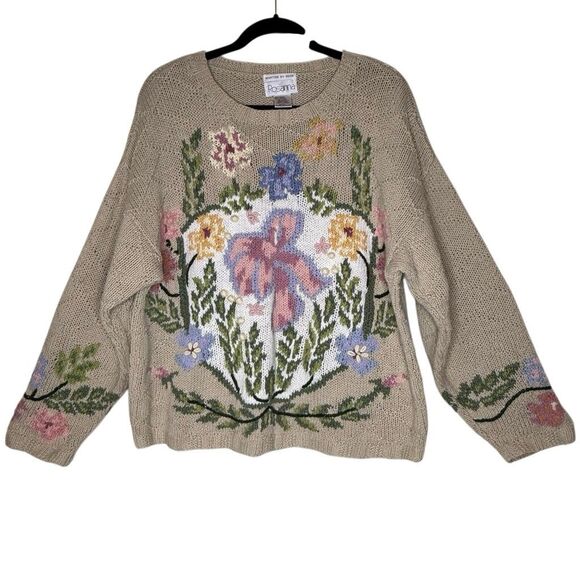 Rosanna Sweaters - Vintage Rosanna Sweater Beige Floral Hand-knit Cotton Oversized Size L Slouchy